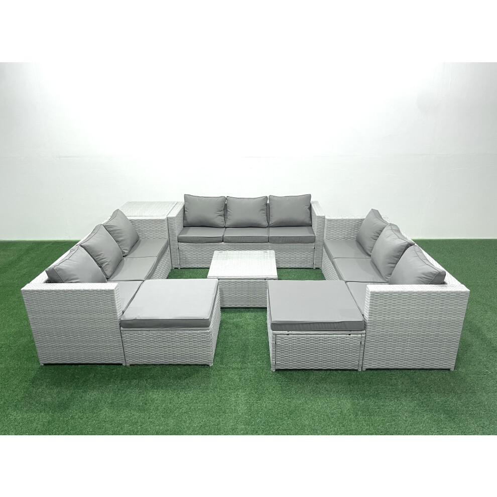 Fimous Rattan Garden Outdoor Furniture Set 11 Seater Rattan Garden Sofa Set with 2 Big Footstools Side Table Light Grey Mixed