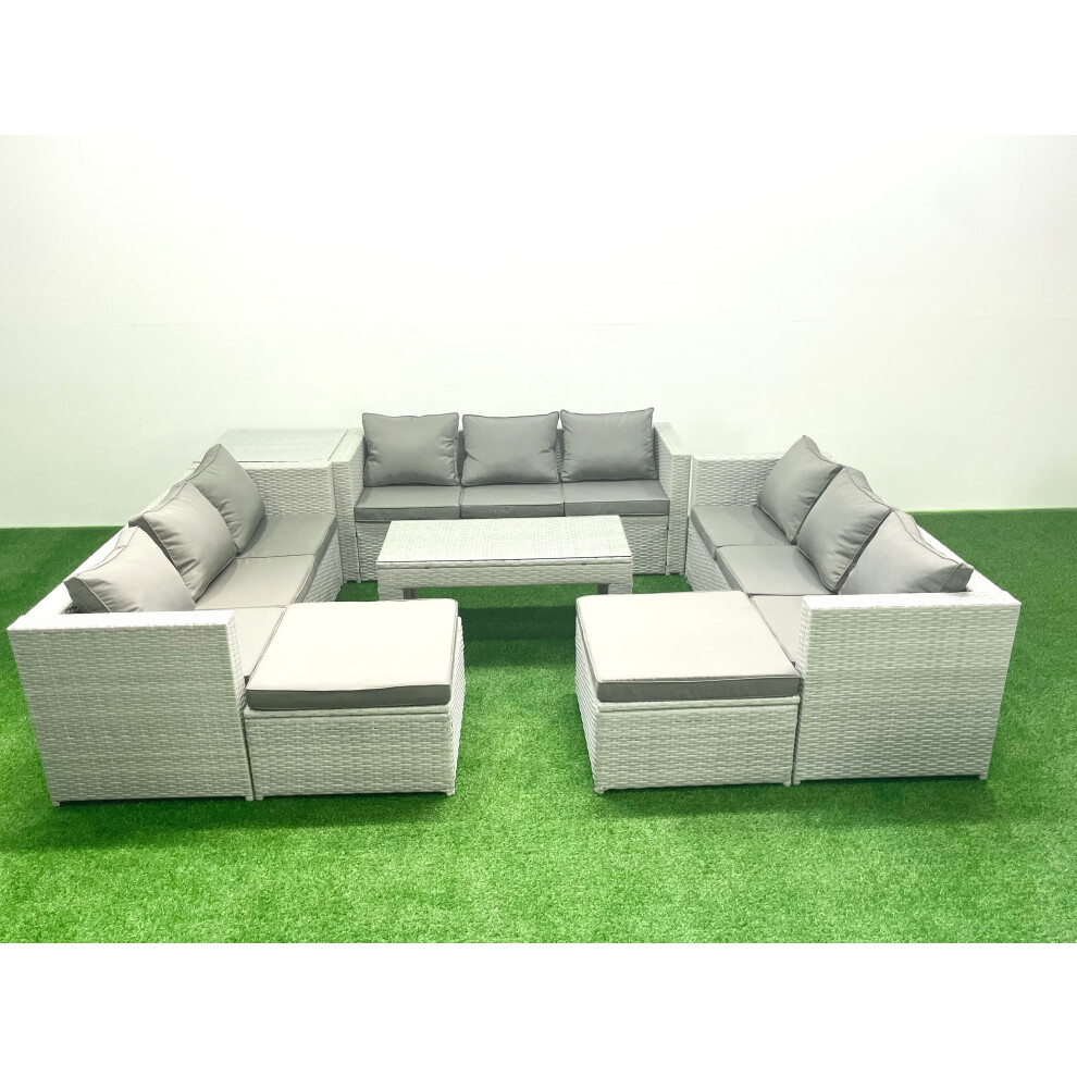 Fimous Rattan Garden Outdoor Furniture Set 11 Seater Garden Sofa Oblong Coffee Table Set with 2 Big Footstools Side Table Light Grey Mixed