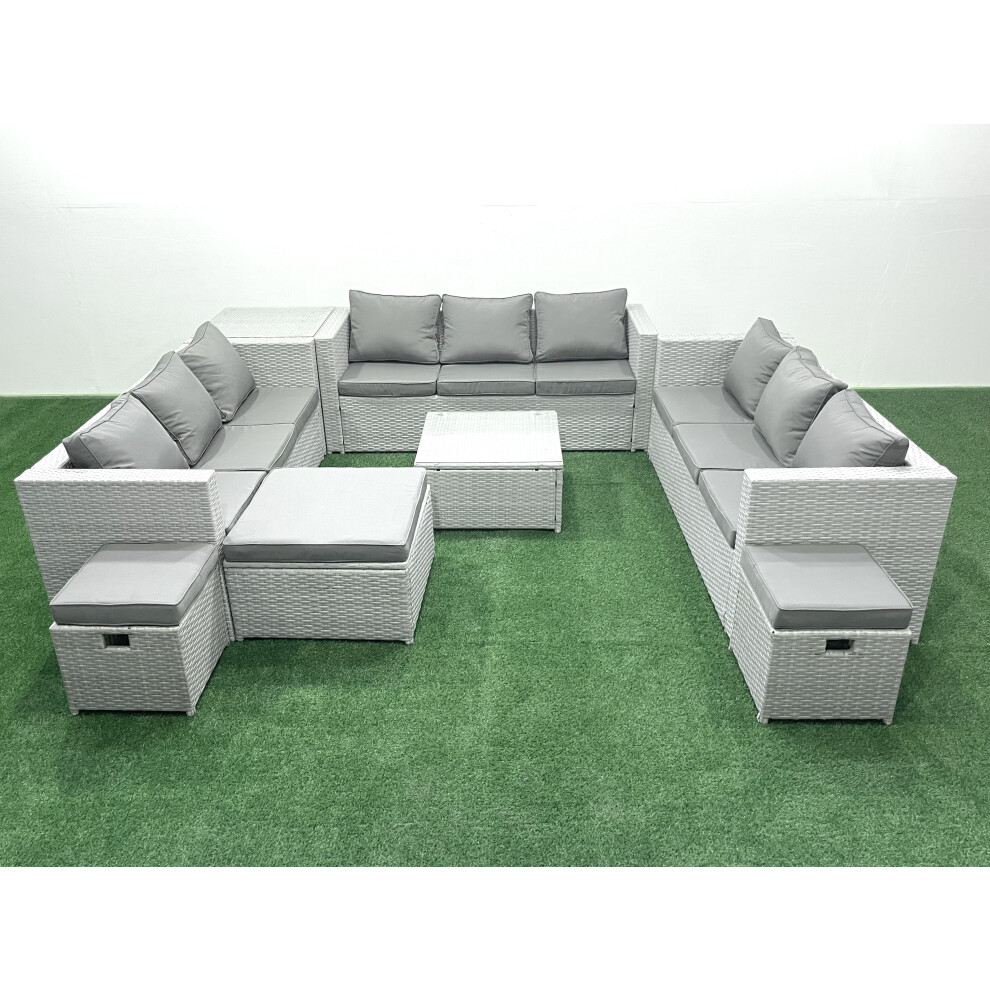 Fimous Rattan Garden Outdoor Furniture Set 12 Seater Rattan Garden Sofa Set with 3 Footstools Side Table Light Grey Mixed