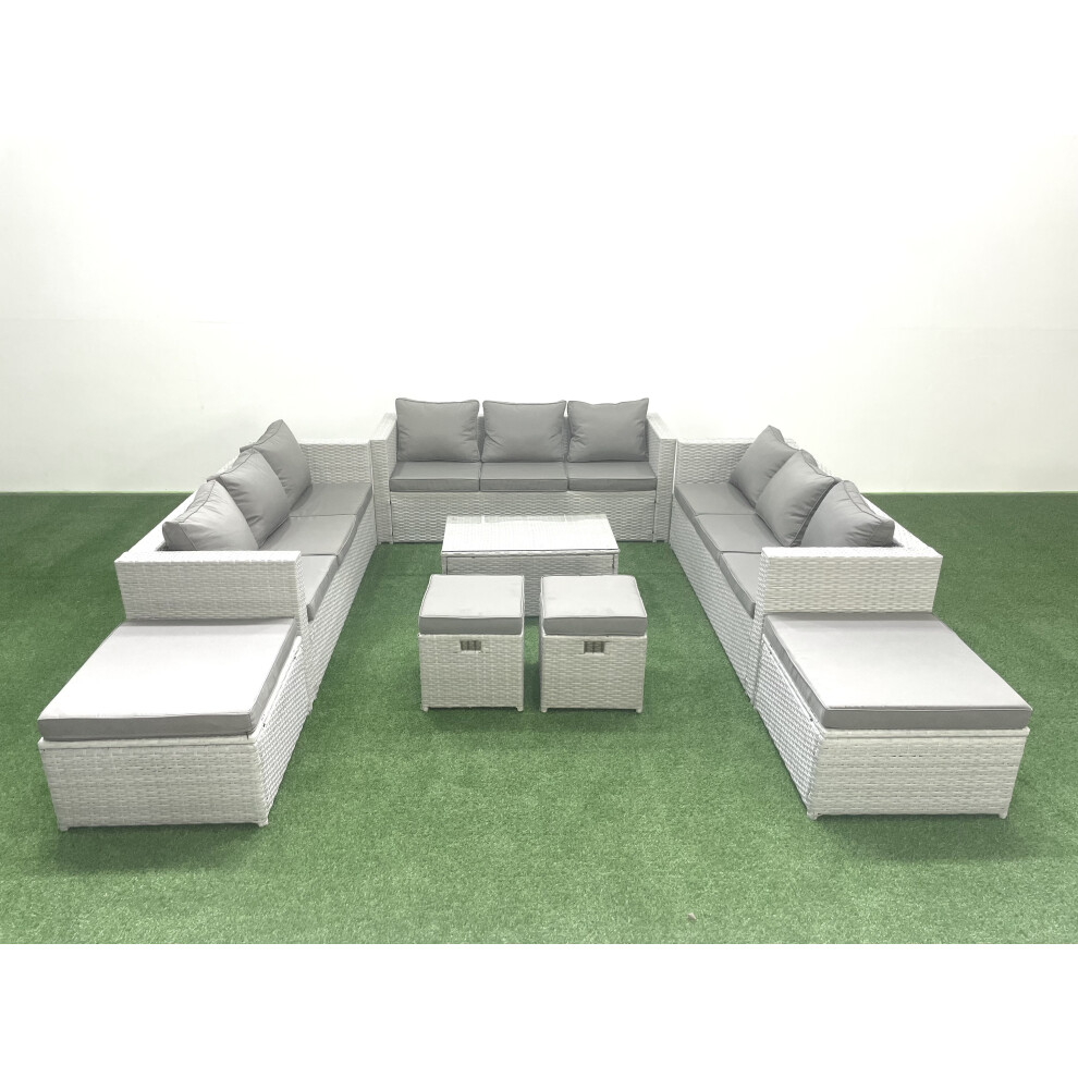 Fimous 8 Pieces Rattan Garden Furniture Set Outdoor Garden Sofa Coffee Table Set with 4 Footstools Light Grey Mixed