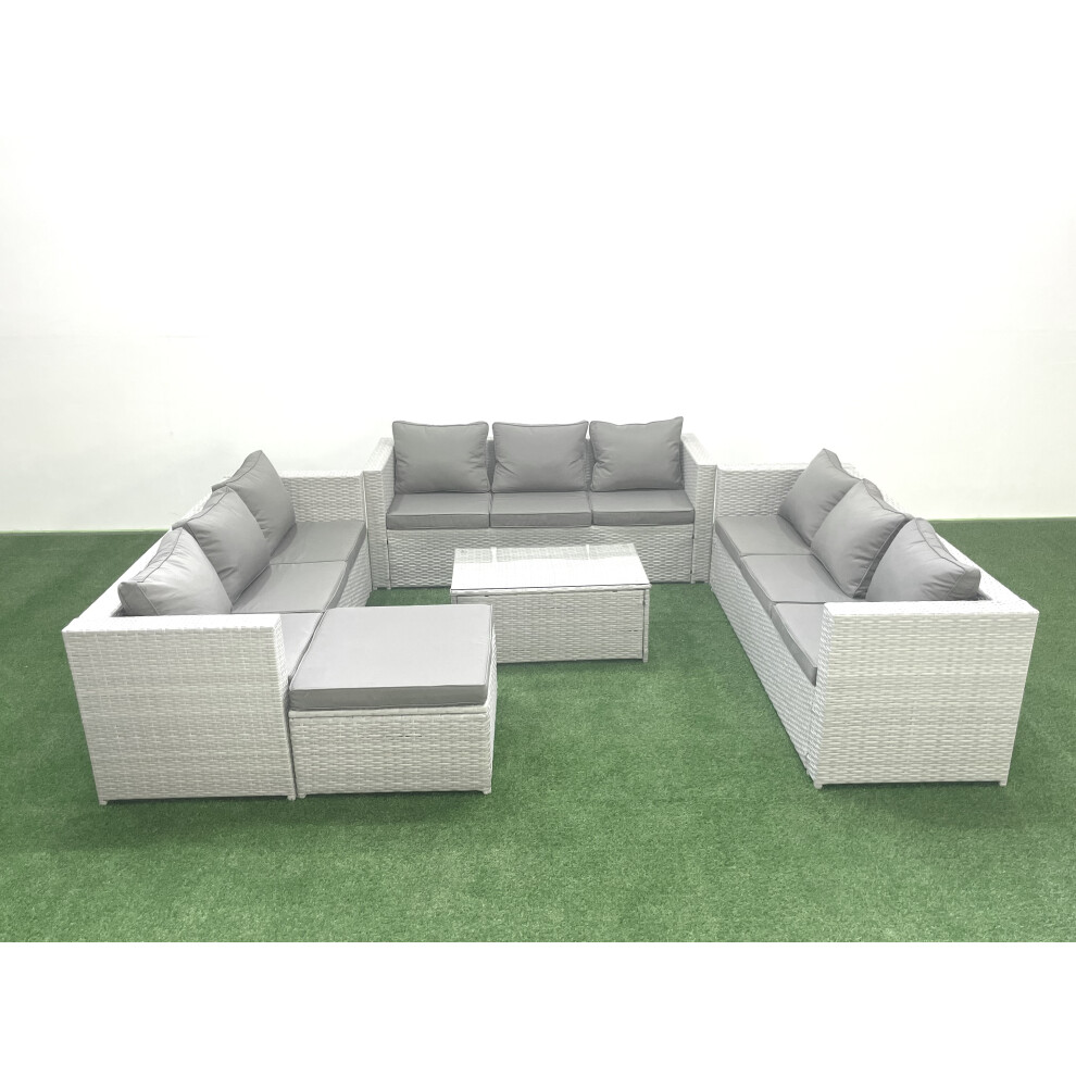 Fimous Rattan Garden Outdoor Furniture Set 10 Seater Garden Sofa Coffee Table Set with Big Footstool Light Grey Mixed