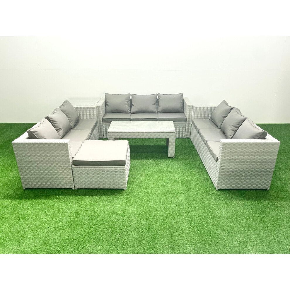 Fimous Rattan Garden Outdoor Furniture Set 10 Seater Garden Sofa Oblong Coffee Table Set with Big Footstool Side Table Light Grey Mixed