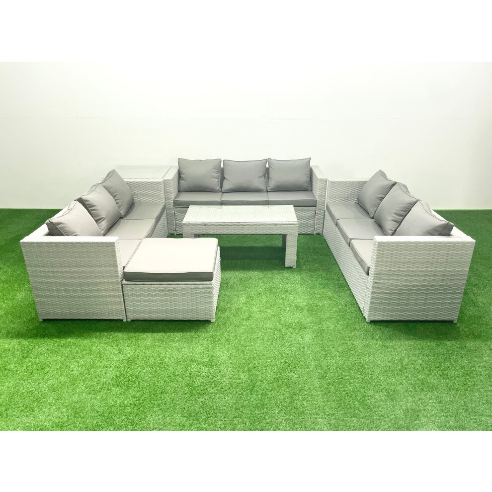 Fimous Rattan Garden Outdoor Furniture Set 10 Seater Garden Sofa Oblong Coffee Table Set With Big Footstool Side Table Light Mixed Grey
