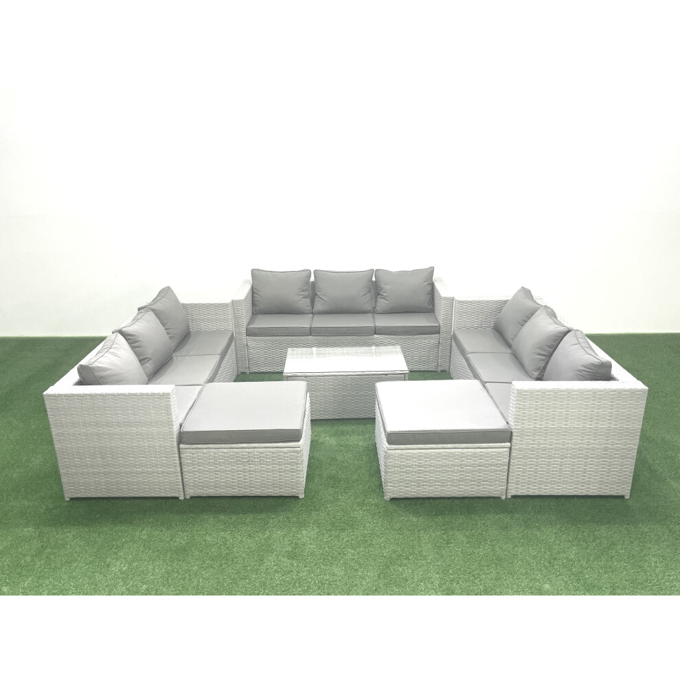 Fimous Rattan Garden Outdoor Furniture Set 11 Seater Garden Sofa Coffee Table Set with 2 Big Footstools Light Grey Mixed