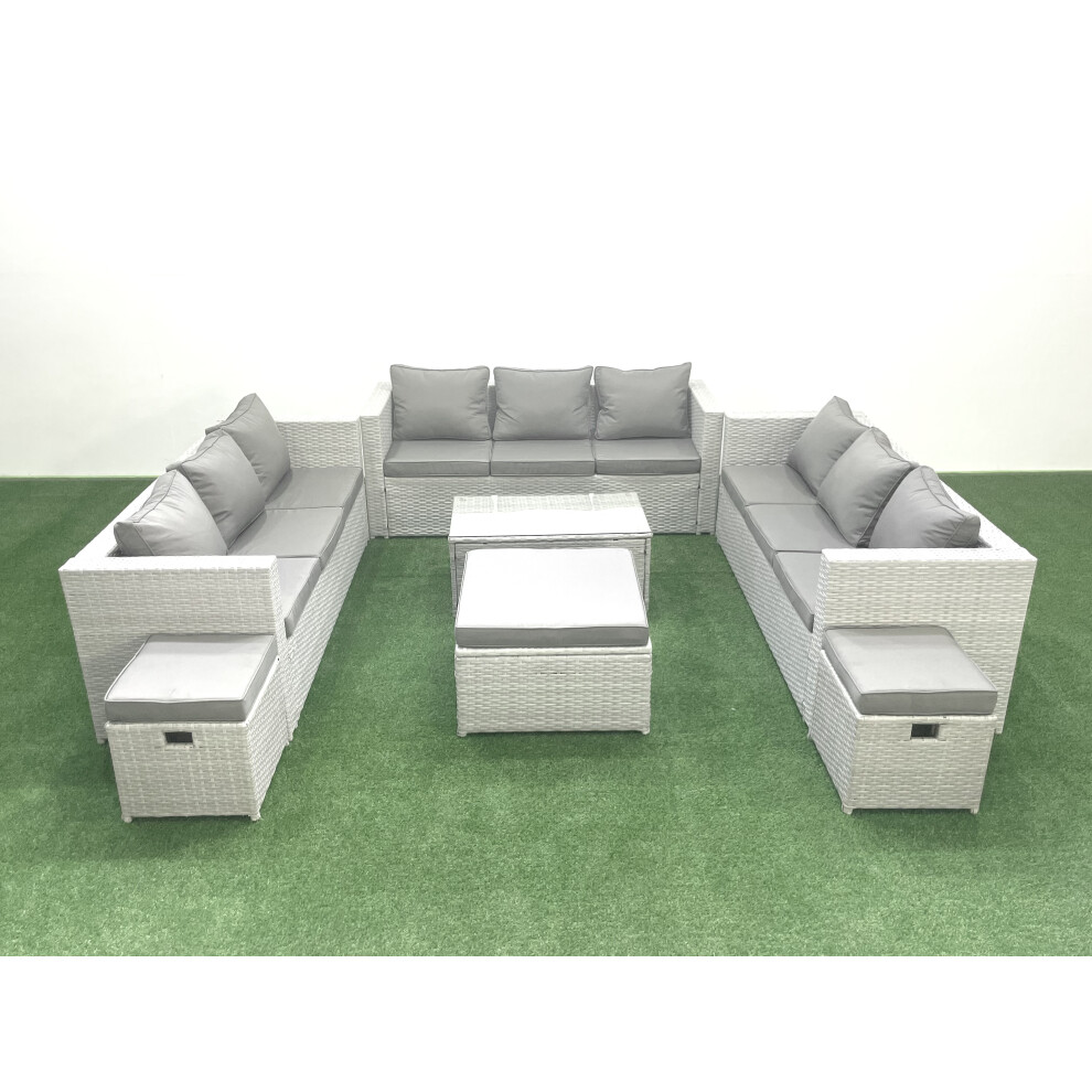 Fimous Rattan Garden Outdoor Furniture Set 12 Seater Garden Sofa Coffee Table Set with 3 Footstools Light Grey Mixed