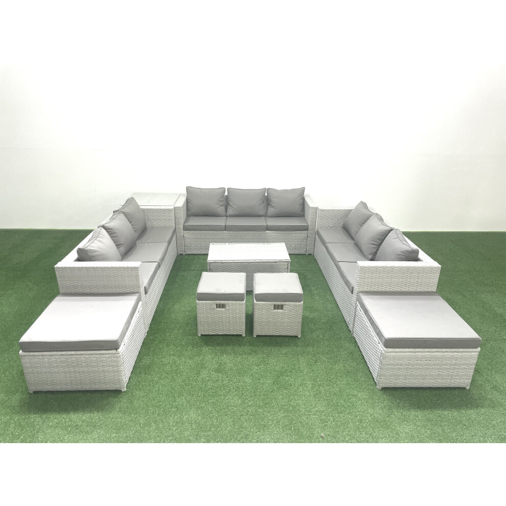 Fimous 9 Pieces Rattan Garden Furniture Set Outdoor Garden Sofa Coffee Table Set With Side Table 4 Footstools Light Grey Mixed