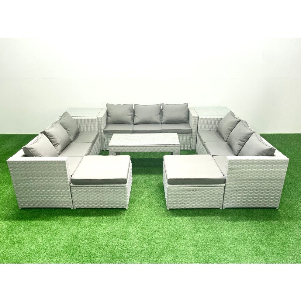 Fimous Rattan Garden Outdoor Furniture Set 11 Seater Garden Sofa Oblong Coffee Table Set with 2 Big Footstools 2 Side Tables