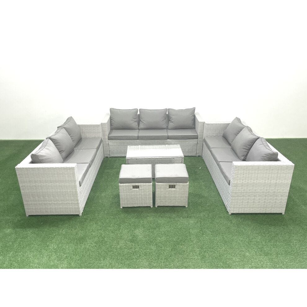 Fimous Rattan Garden Outdoor Furniture Set 11 Seater Garden Sofa Coffee Table Set with 2 Small Footstool Light Grey Mixed