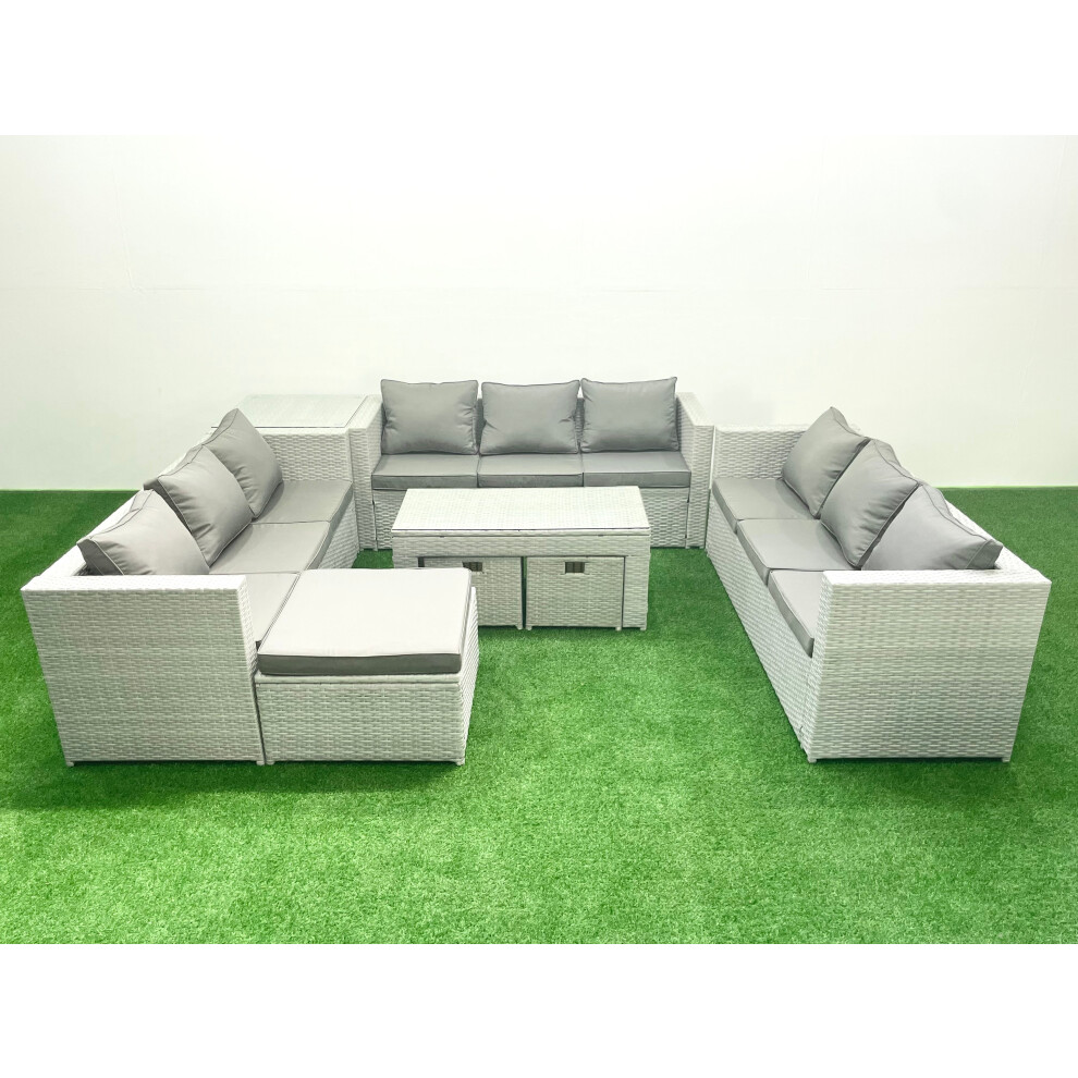 Fimous Rattan Garden Outdoor Furniture Set 12 Seater Garden Sofa Oblong Coffee Table Set with 3 Footstools Side Table Light Grey Mixed