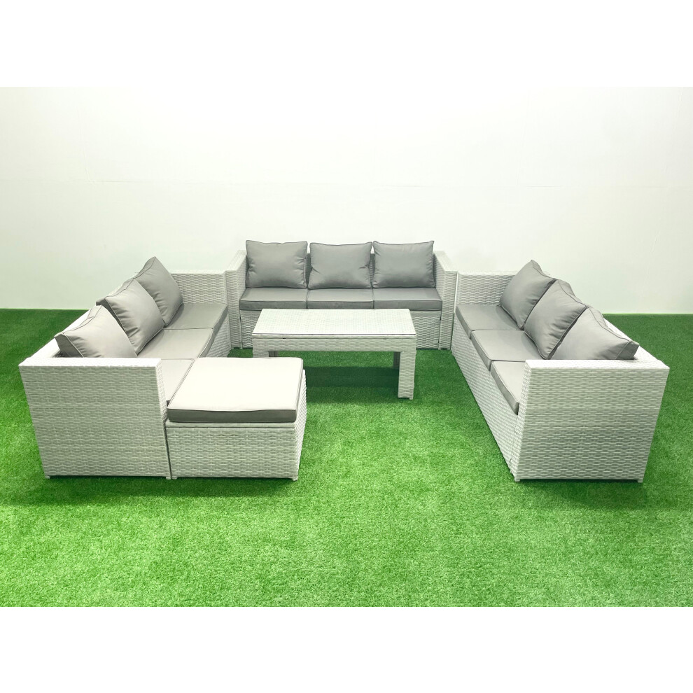 Fimous Rattan Garden Outdoor Furniture Set 10 Seater Garden Sofa Oblong Coffee Table Set with Big Footstool Light Grey Mixed