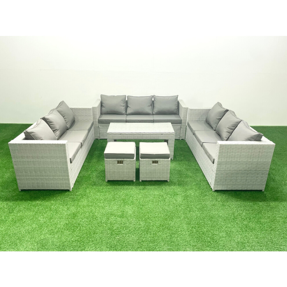 Fimous Rattan Garden Outdoor Furniture Set 11 Seater Garden Sofa Oblong Coffee Table Set with 2 Small Footstool Light Grey Mixed