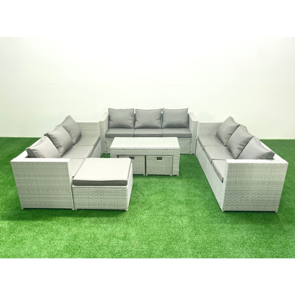 Fimous Rattan Garden Outdoor Furniture Set 12 Seater Garden Sofa Oblong Coffee Table Set With 3 Footstools Light Mixed Grey