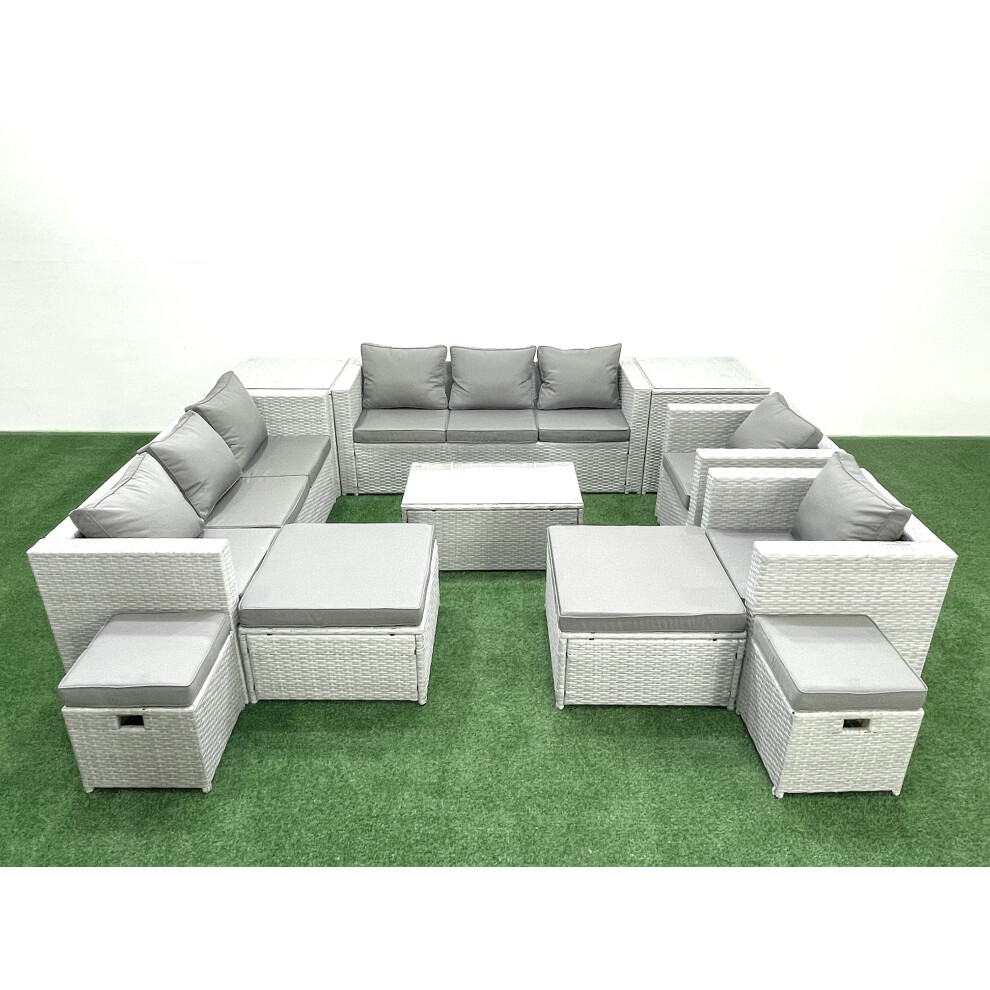 Fimous 11 Pieces Rattan Garden Furniture Set Outdoor Garden Sofa Chair Coffee Table Set with 4 Footstools 2 Side Tables Light Grey Mixed