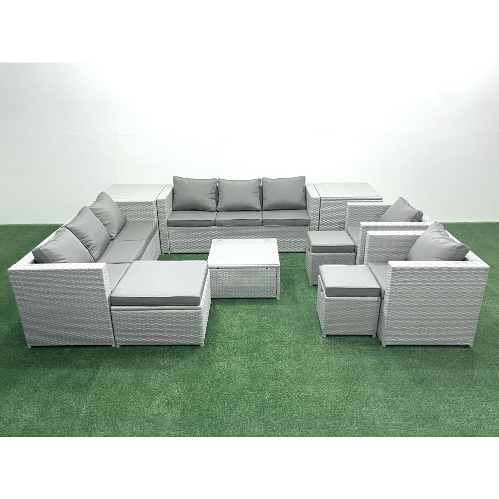 Fimous Outdoor Rattan Sofa Garden Furniture Set with 2 Armchairs Square Coffee Table 3 Footstools 2 Side Tables Light Grey Mixed