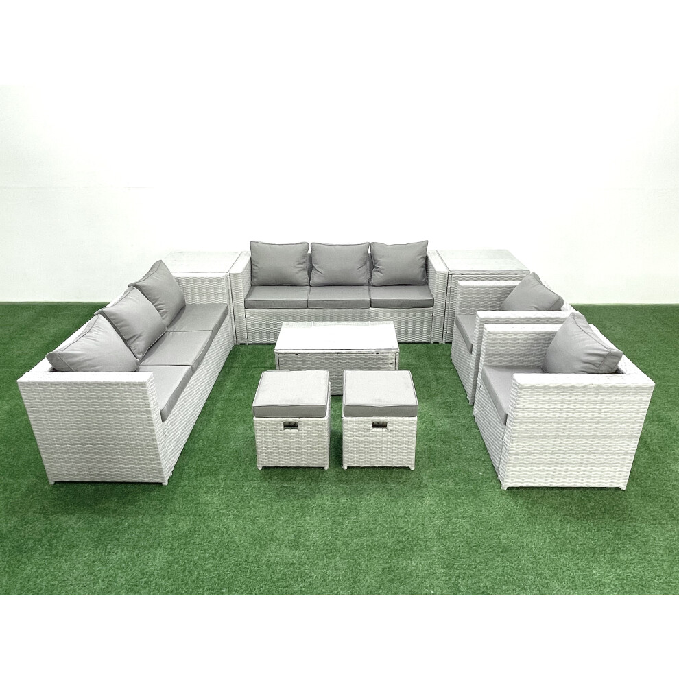 Fimous Outdoor Rattan Sofa Garden Furniture Set with 2 Armchairs Oblong Coffee Table 2 Small Footstools 2 Side Tables Light Grey Mixed