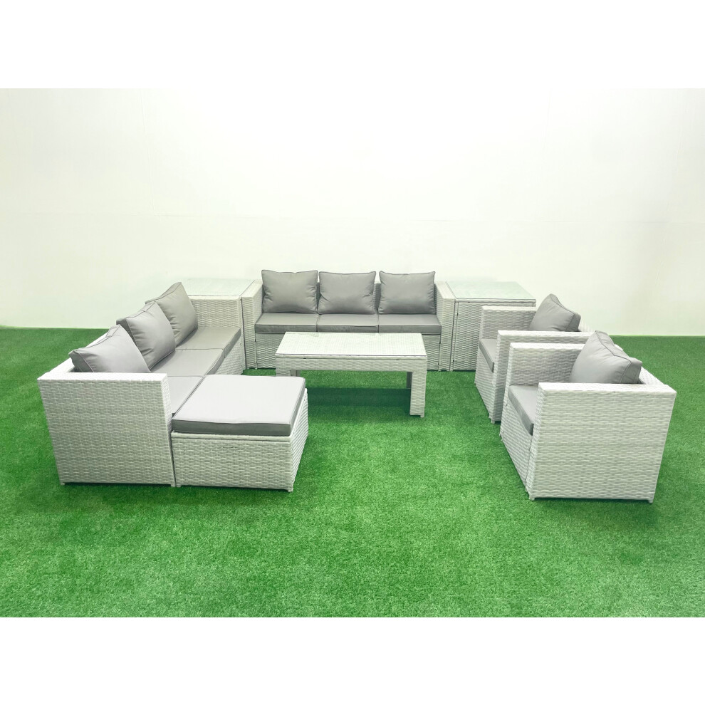 Fimous Outdoor Garden Furniture Rattan Sofa Set with 2 Armchairs Oblong Coffee Table Big Footstool 2 Side Tables Light Grey Mixed