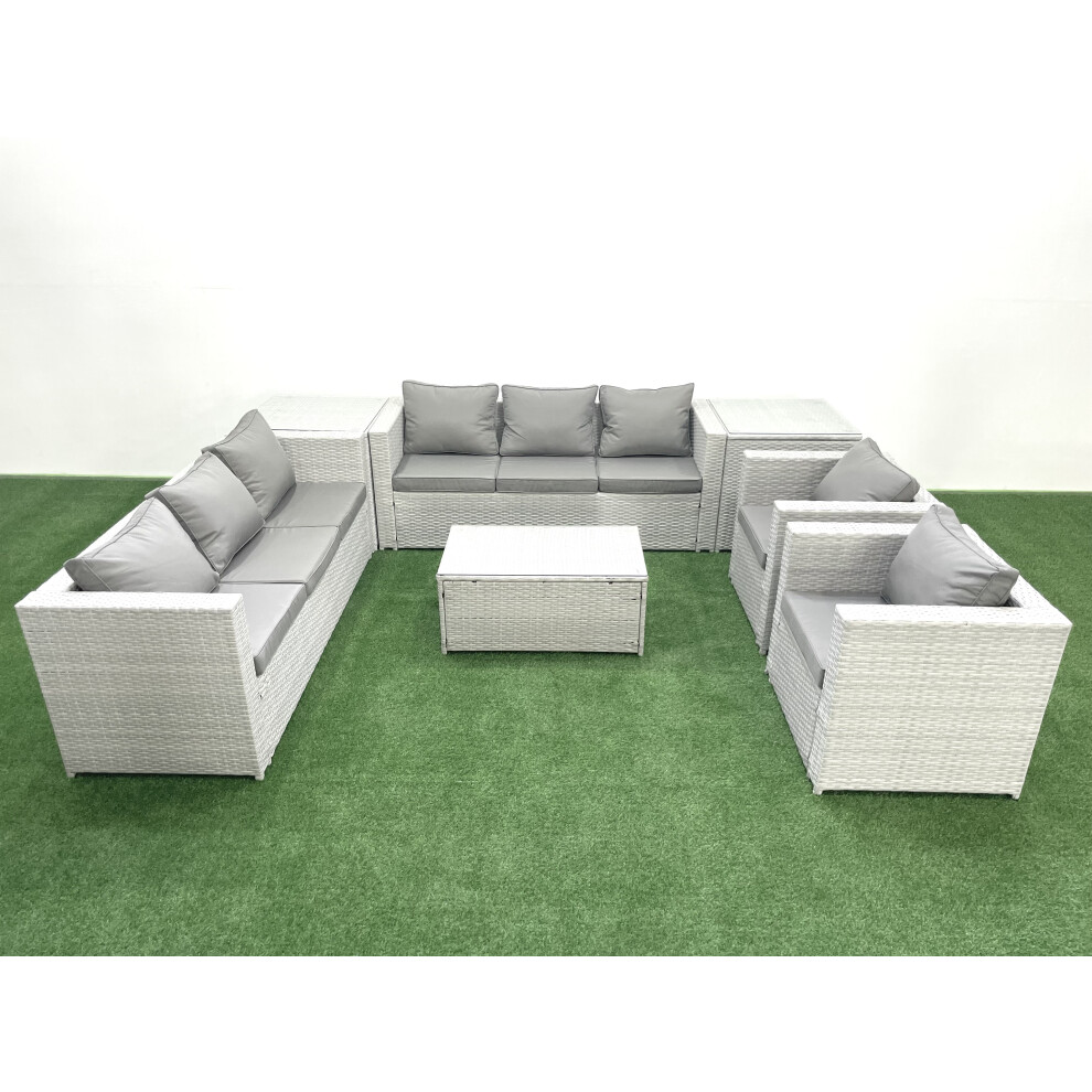 Fimous Outdoor Rattan Sofa Garden Furniture Set with 2 Armchairs Oblong Coffee Table 2 Side Tables Light Grey Mixed