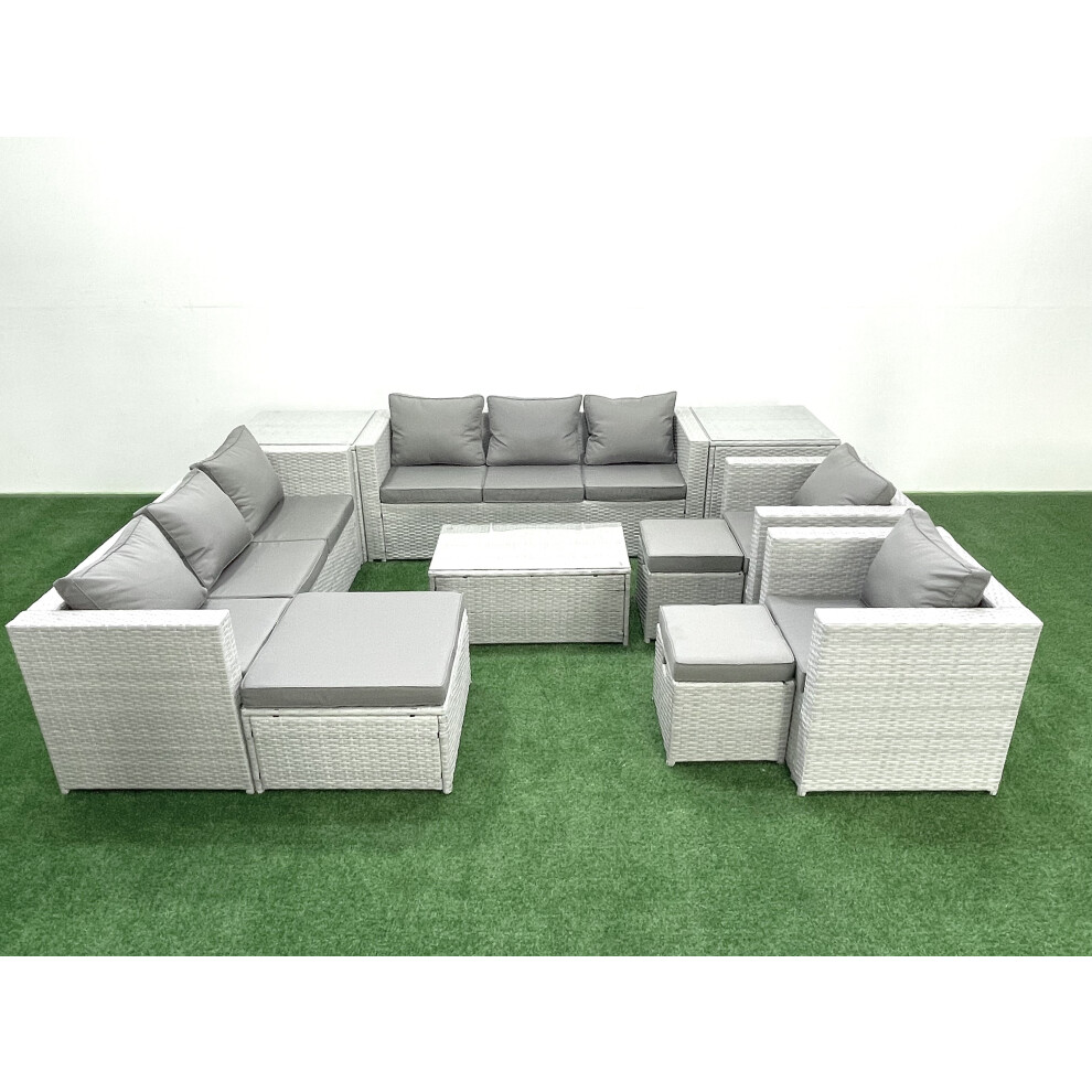 Fimous Outdoor Rattan Sofa Garden Furniture Set with 2 Armchairs Oblong Coffee Table 3 Footstools 2 Side Tables Light Grey Mixed