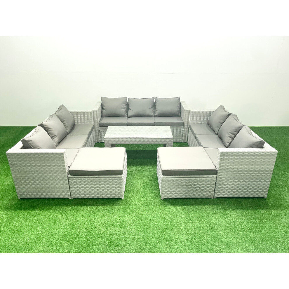 Fimous Rattan Garden Outdoor Furniture Set 11 Seater Garden Sofa Oblong Coffee Table Set with 2 Big Footstools Light Grey Mixed