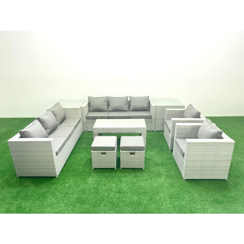 Fimous Outdoor Garden Furniture Rattan Sofa Set with 2 Armchairs Oblong Coffee Table 2 Small Footstools 2 Side Tables Light Grey Mixed