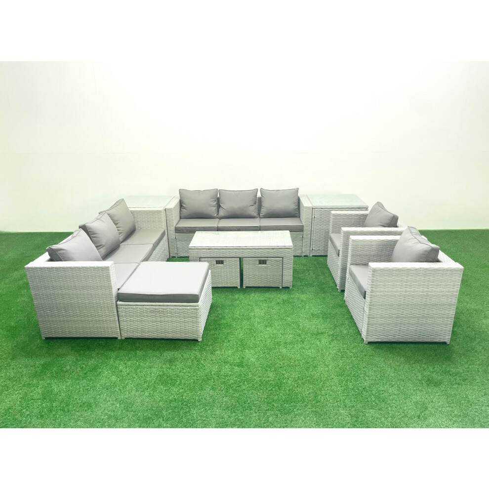 Fimous Outdoor Garden Furniture Rattan Sofa Set with 2 Armchairs Oblong Coffee Table 3 Footstools 2 Side Tables Light Grey Mixed