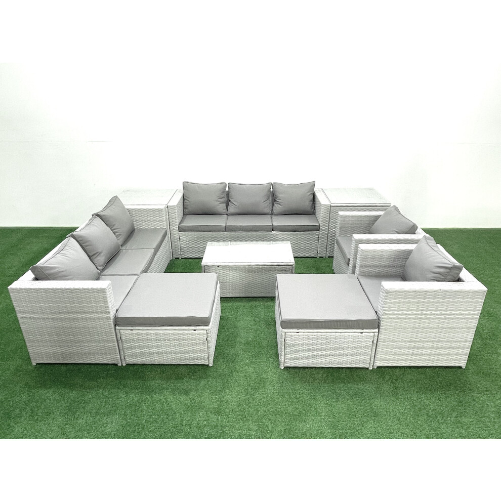 Fimous Outdoor Rattan Sofa Garden Furniture Set with 2 Armchairs Oblong Coffee Table 2 Big Footstools 2 Side Tables Light Grey Mixed