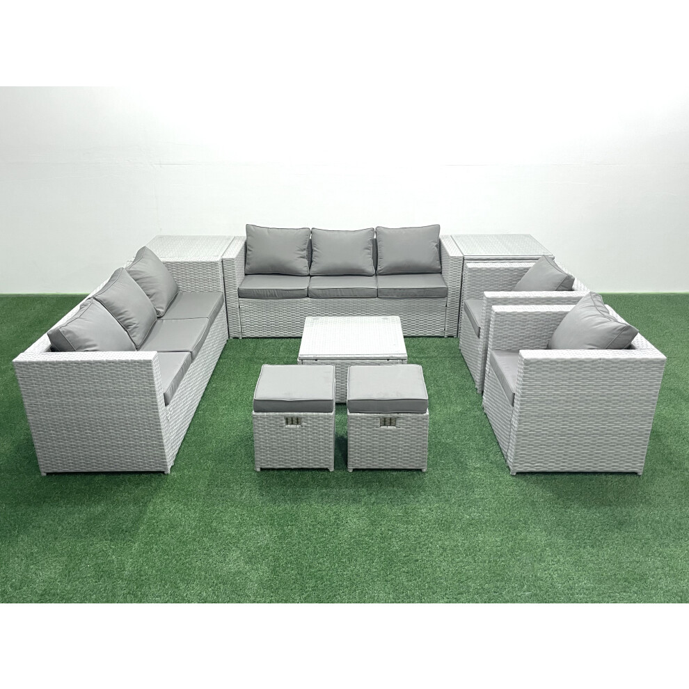 Fimous Outdoor Rattan Sofa Garden Furniture Set with 2 Armchairs Square Coffee Table 2 Small Footstools 2 Side Tables Light Grey Mixed