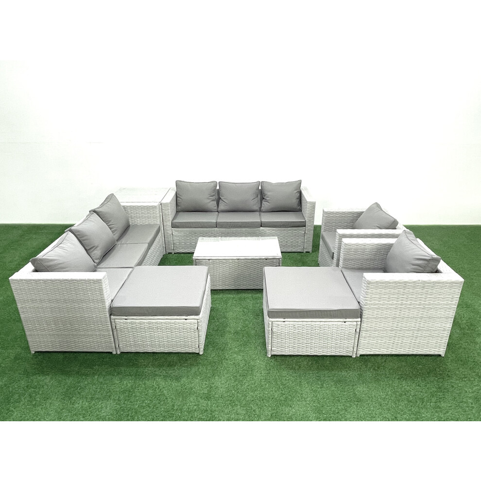 Fimous Outdoor Rattan Sofa Garden Furniture Set with 2 Armchairs Oblong Coffee Table 2 Big Footstools Side Table Light Grey Mixed