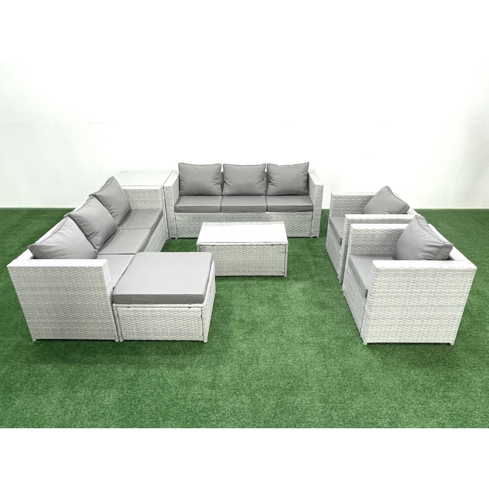 Fimous Outdoor Rattan Sofa Garden Furniture Set with 2 Armchairs Oblong Coffee Table Big Footstool Side Table Light Grey Mixed