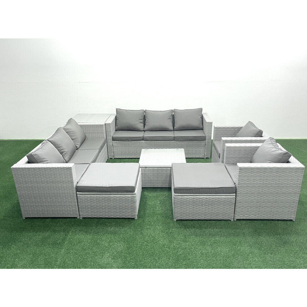 Fimous Outdoor Rattan Sofa Garden Furniture Set with 2 Armchairs Square Coffee Table 2 Big Footstools Side Table Light Grey Mixed