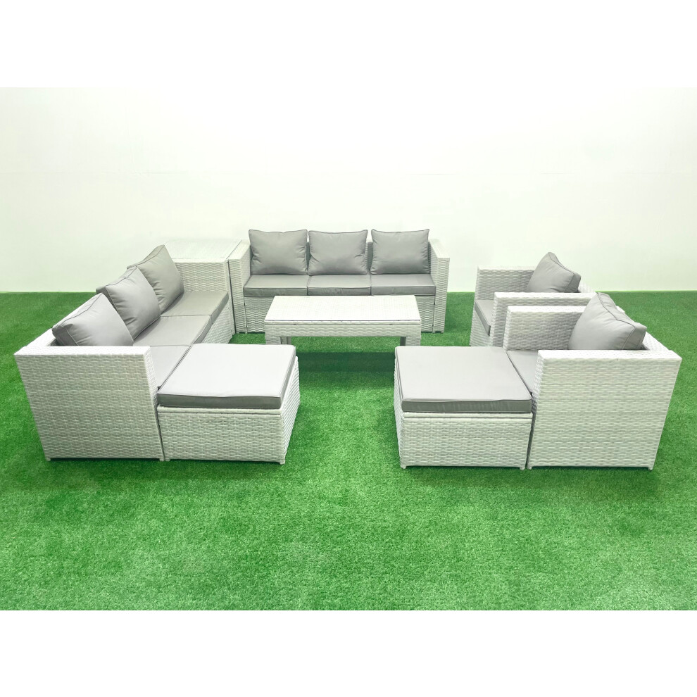 Fimous Outdoor Garden Furniture Rattan Sofa Set with 2 Armchairs Oblong Coffee Table 2 Big Footstools Side Table Light Grey Mixed