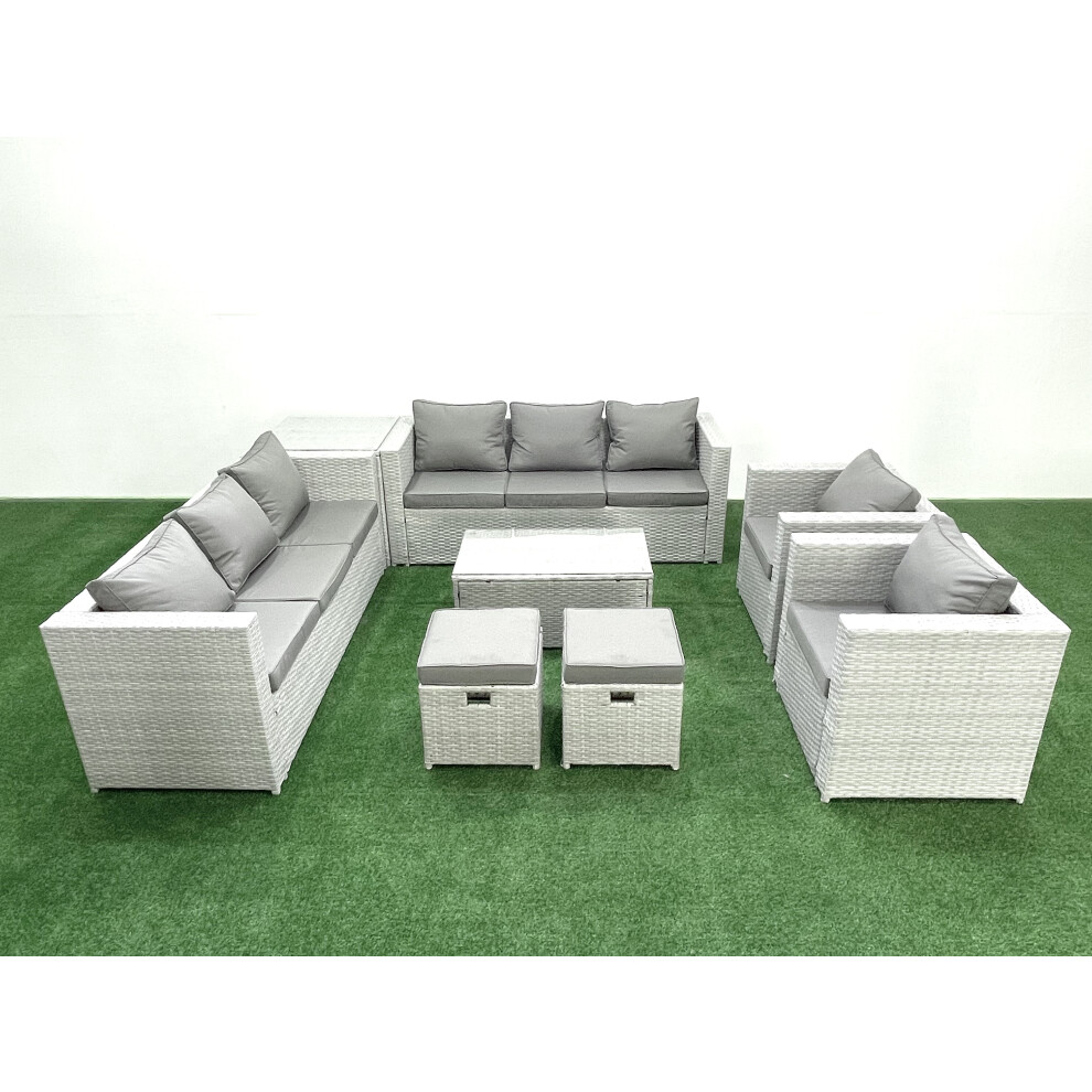 Fimous Outdoor Rattan Sofa Garden Furniture Set With 2 Armchairs Oblong Coffee Table 2 Small Footstools Side Table Light Grey Mixed