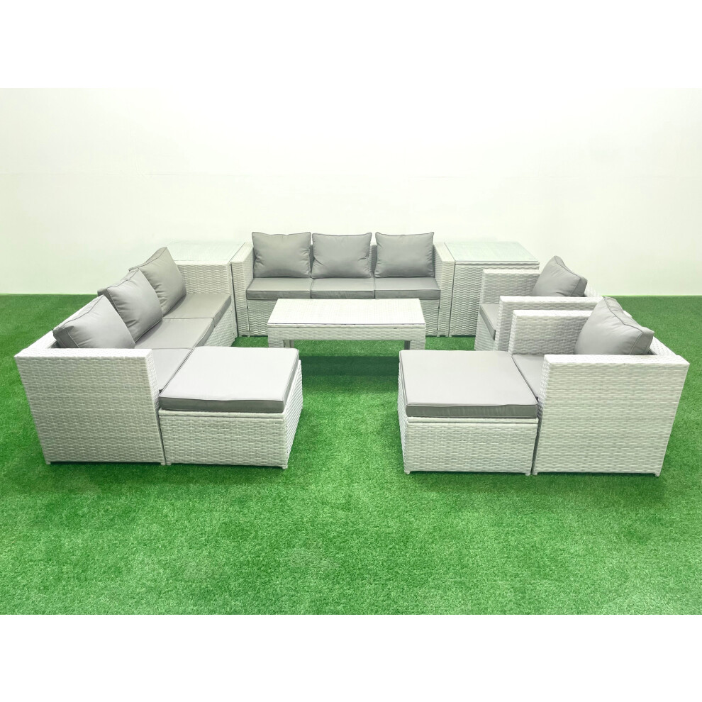 Fimous Outdoor Garden Furniture Rattan Sofa Set with 2 Armchairs Oblong Coffee Table 2 Big Footstools 2 Side Tables Light Grey Mixed