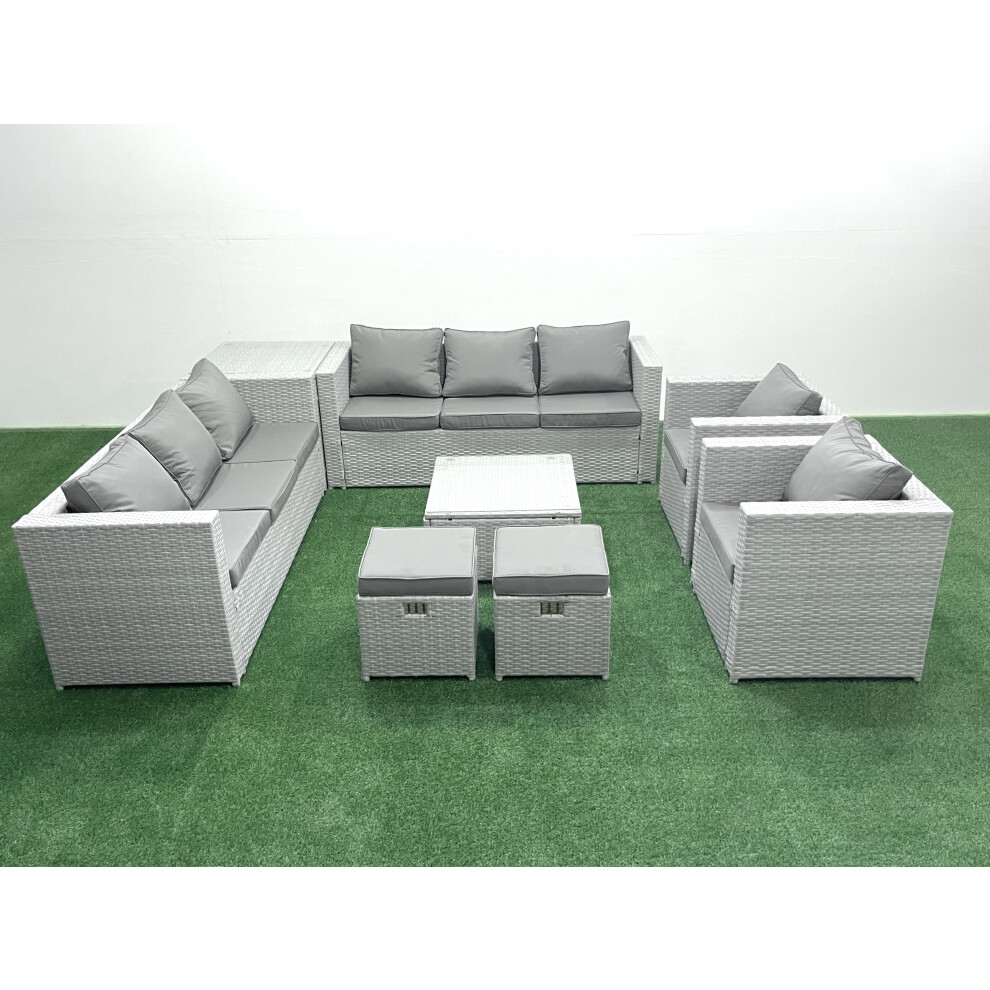 Fimous Outdoor Rattan Sofa Garden Furniture Set with 2 Armchairs Square Coffee Table 2 Small Footstools Side Table Light Grey Mixed