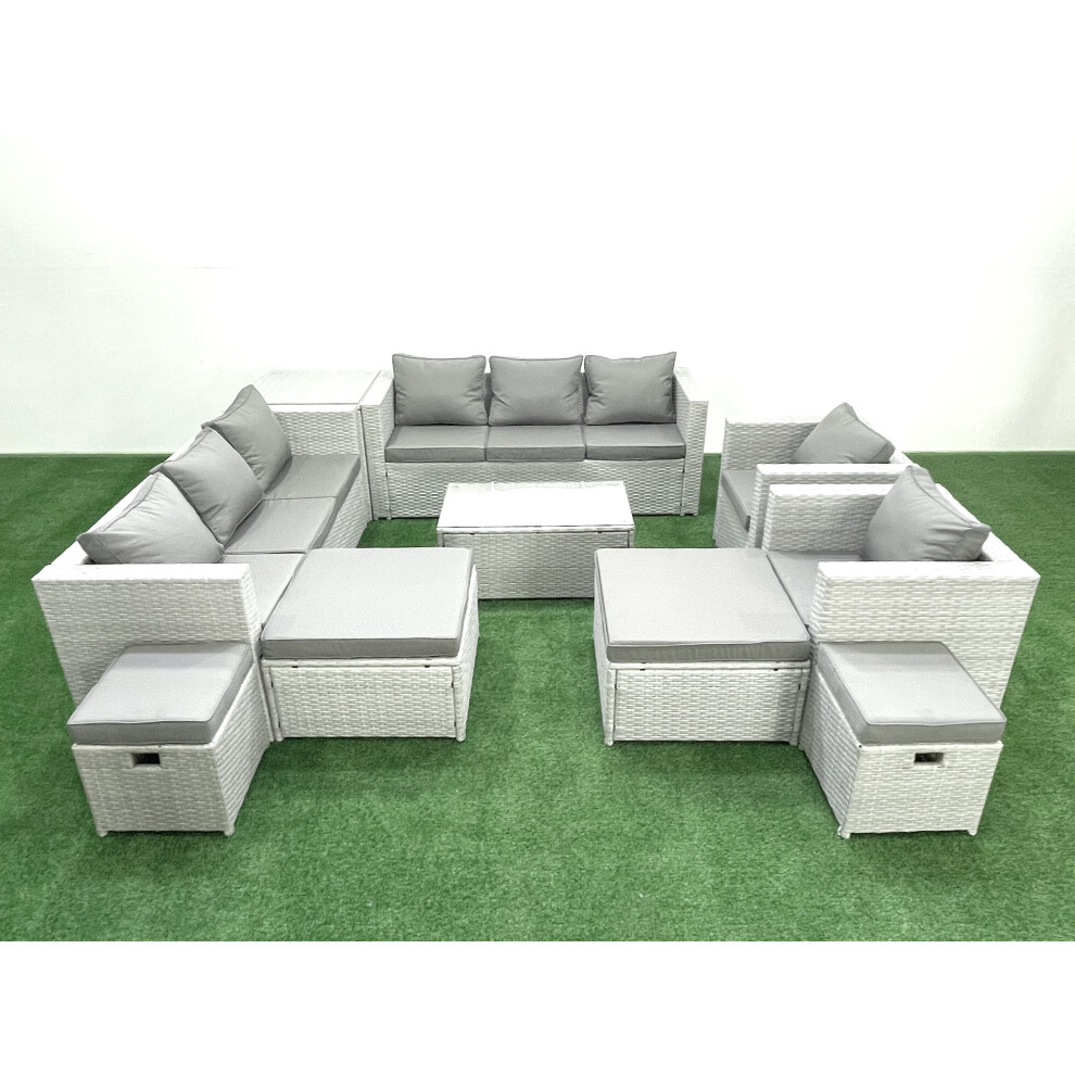 Fimous 10 Pieces Rattan Garden Furniture Set Outdoor Garden Sofa Chair Coffee Table Set with 4 Footstools Side Table Light Grey Mixed