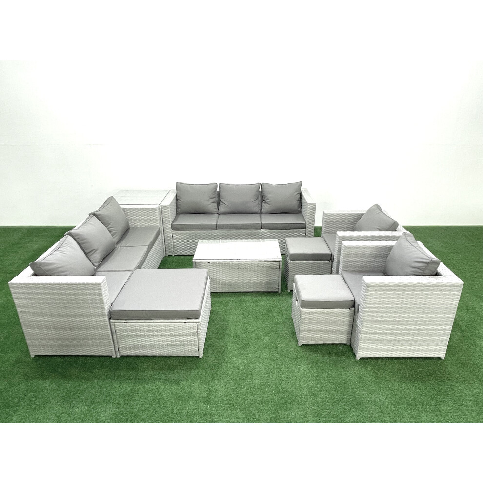 Fimous Outdoor Rattan Sofa Garden Furniture Set With 2 Armchairs Oblong Coffee Table 3 Footstools Side Table Light Grey Mixed