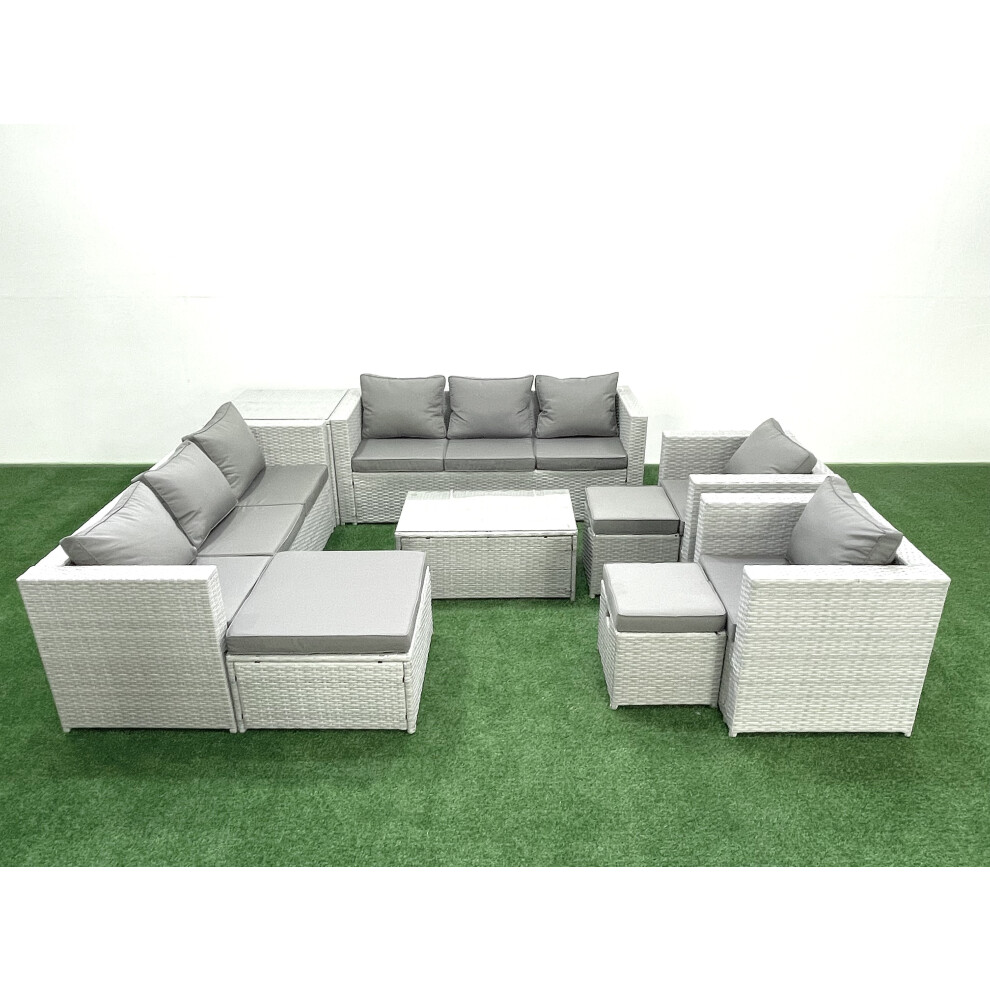 Rackhams Light/Grey Outdoor Rattan Sofa Garden Furniture Set With 2 Armchairs Oblong Coffee Table 3 Footstools Side Table Mixed - Image 3