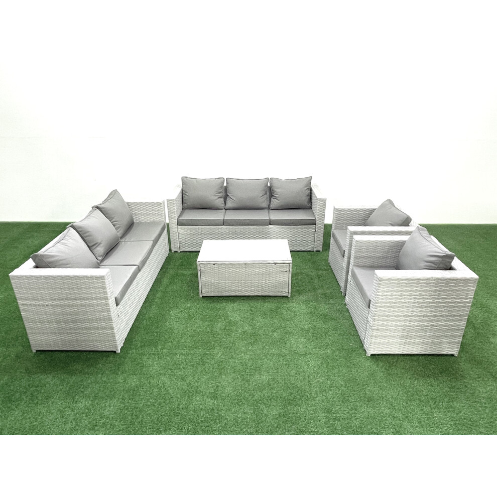 Fimous Outdoor Rattan Sofa Garden Furniture Set with 2 Armchairs Oblong Coffee Table Light Grey Mixed