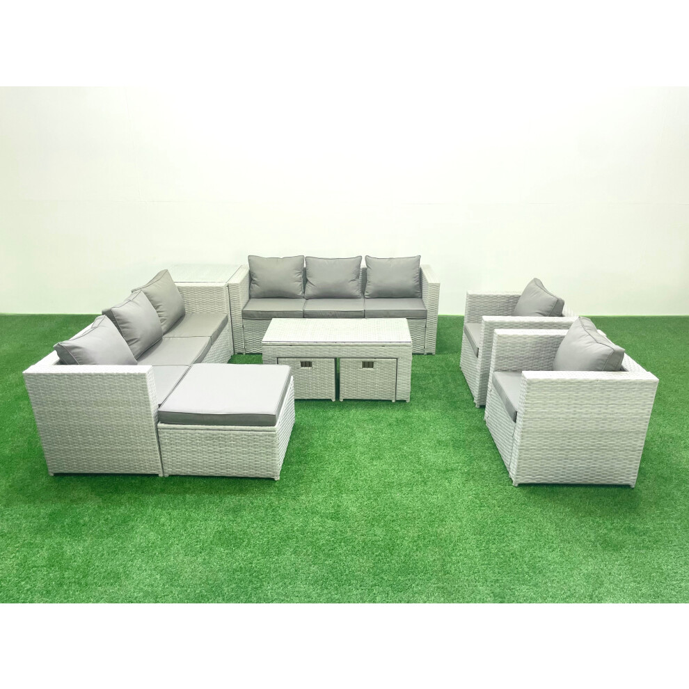 Fimous Outdoor Garden Furniture Rattan Sofa Set with 2 Armchairs Oblong Coffee Table 3 Footstools Side Table Light Grey Mixed