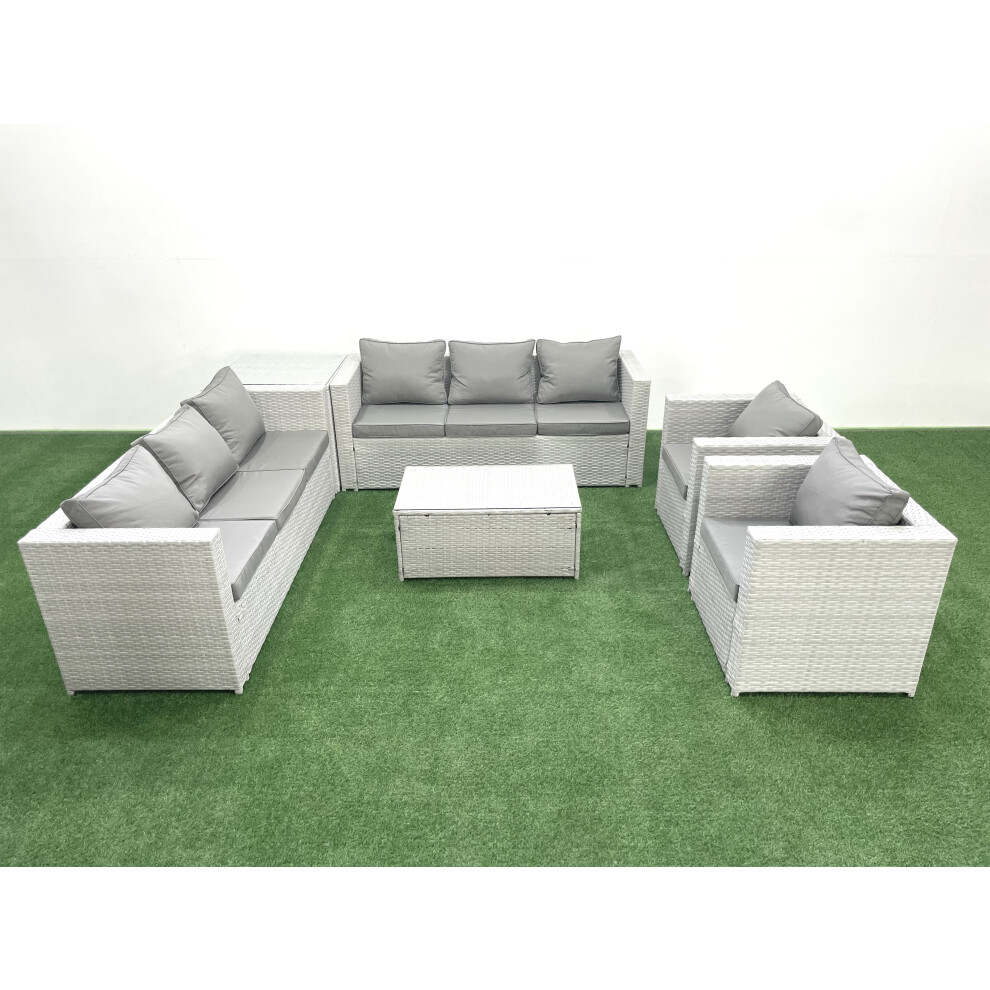 Fimous Outdoor Rattan Sofa Garden Furniture Set with 2 Armchairs Oblong Coffee Table Side Table Light Grey Mixed