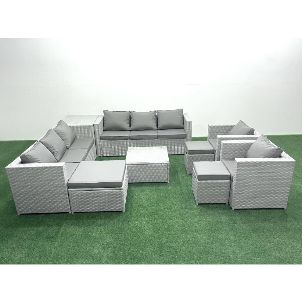 Fimous Outdoor Rattan Sofa Garden Furniture Set with 2 Armchairs Square Coffee Table 3 Footstools Side Table Light Grey Mixed