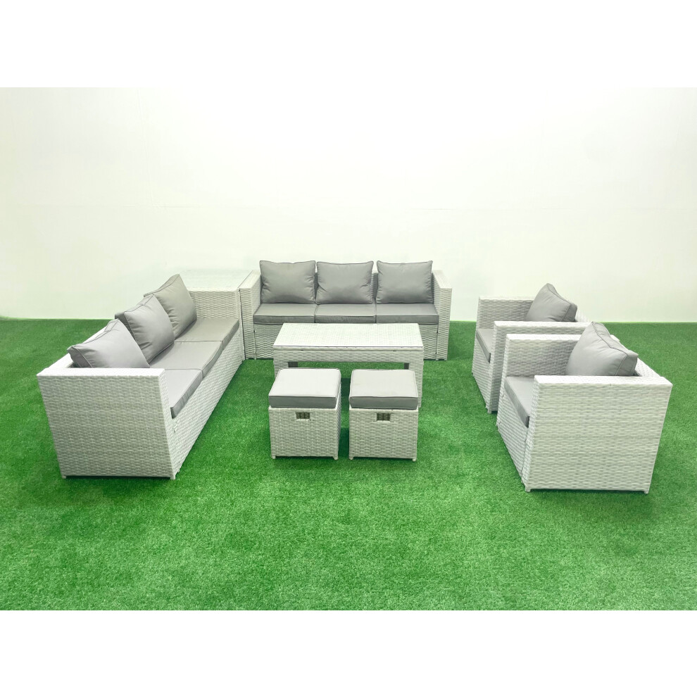 Fimous Outdoor Garden Furniture Rattan Sofa Set with 2 Armchairs Oblong Coffee Table 2 Small Footstools Side Table Light Grey Mixed