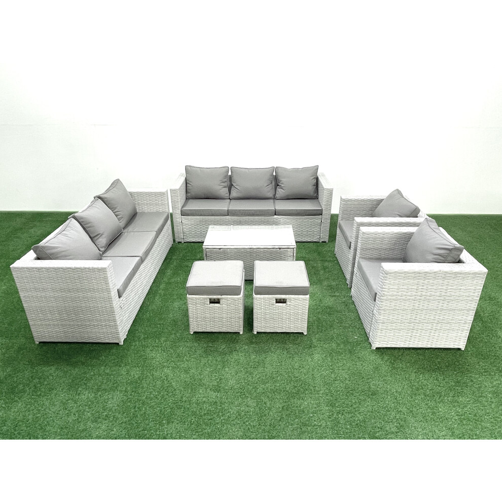 Fimous Outdoor Rattan Sofa Garden Furniture Set with 2 Armchairs Oblong Coffee Table 2 Small Footstools Light Grey Mixed