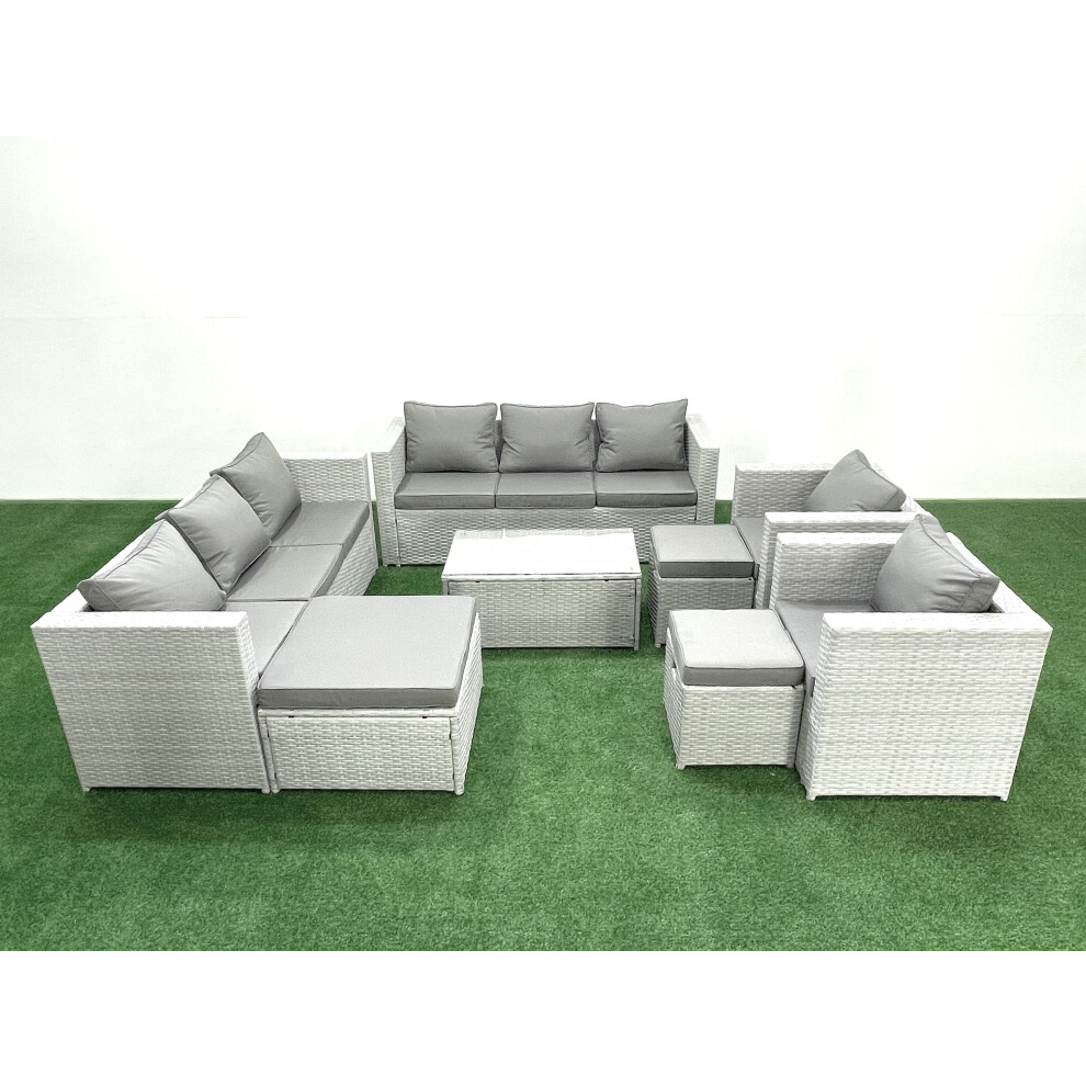 Fimous Outdoor Rattan Sofa Garden Furniture Set with 2 Armchairs Oblong Coffee Table 3 Footstools Light Grey Mixed