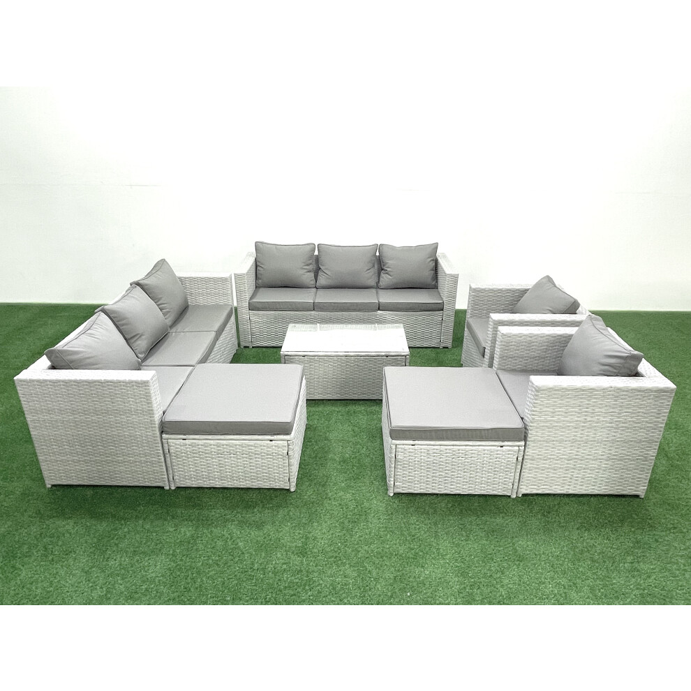 Fimous Outdoor Rattan Sofa Garden Furniture Set with 2 Armchairs Oblong Coffee Table 2 Big Footstools Light Grey Mixed