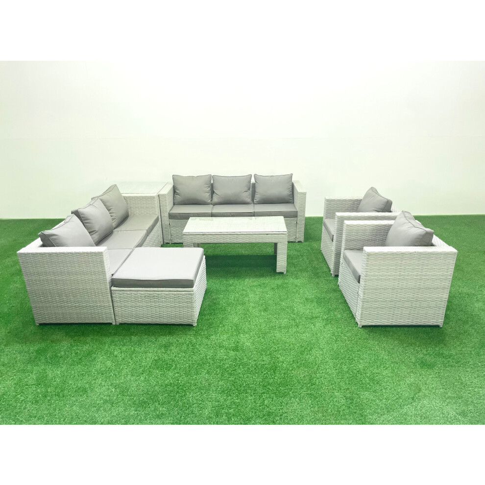 Fimous Outdoor Garden Furniture Rattan Sofa Set with 2 Armchairs Oblong Coffee Table Big Footstool Side Table Light Grey Mixed