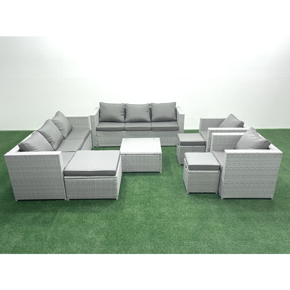 Fimous Outdoor Rattan Sofa Garden Furniture Set with 2 Armchairs Square Coffee Table 3 Footstools Light Grey Mixed