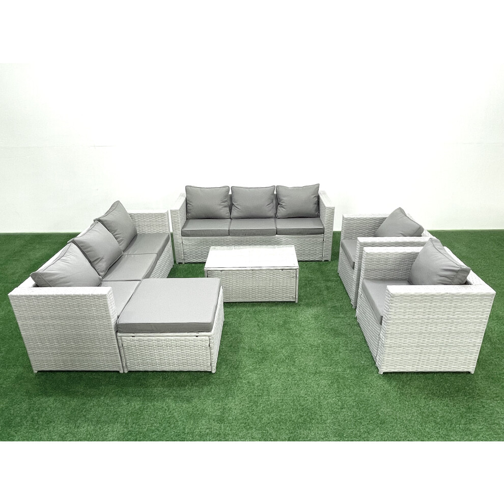 Fimous Outdoor Rattan Sofa Garden Furniture Set with 2 Armchairs Oblong Coffee Table Big Footstool Light Grey Mixed