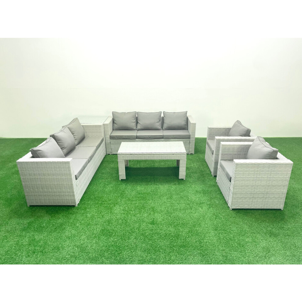 Fimous Outdoor Garden Furniture Rattan Sofa Set with 2 Armchairs Oblong Coffee Table Side Table Light Grey Mixed