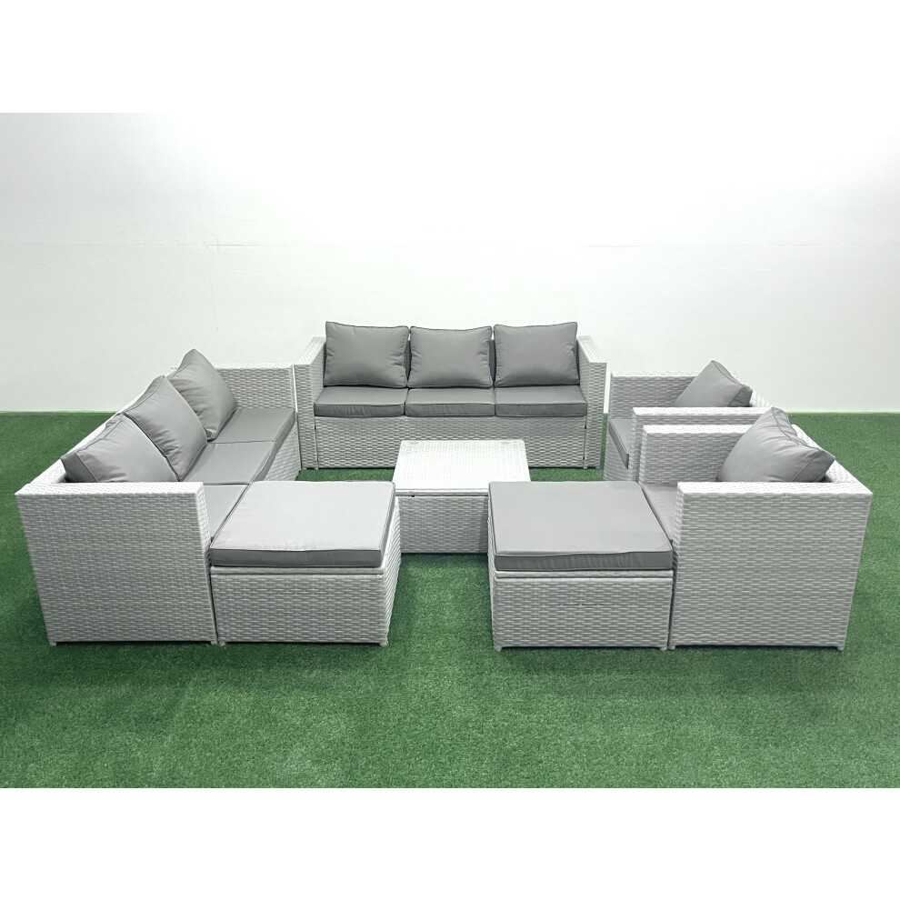 Fimous Unisex Light Grey Outdoor Rattan Sofa Garden Furniture Set With Armchairs Square Coffee Table Big Footstools Mixed Size 2 - Image 2